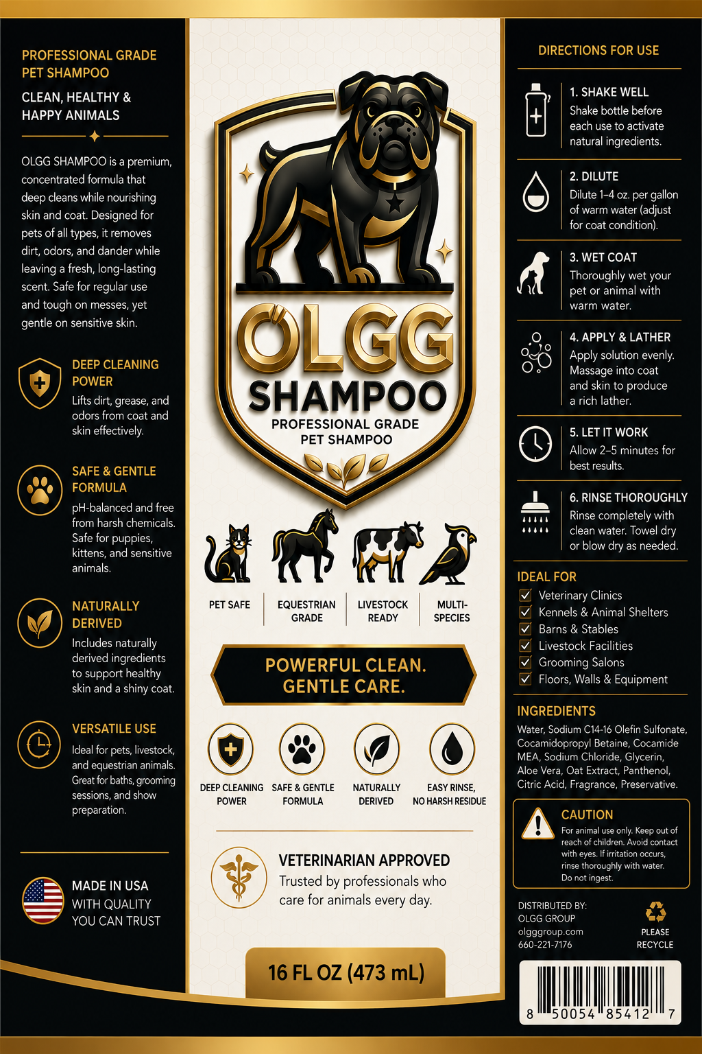 OLGG Professional Grade Pet Shampoo – Vet-Formulated, Non-Sensitive Multi-Species Coat Care (16 fl oz)